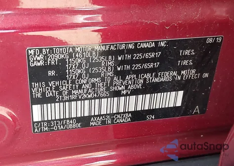 2019 Toyota Rav4 Le from USA, damaged, VIN 2T3H1RFV2KW047665